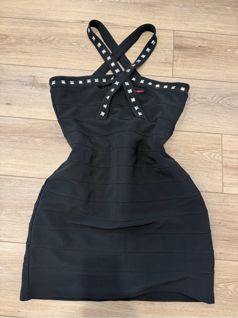 Walter Baker Black Stud-Embellished Crossback Mini Dress